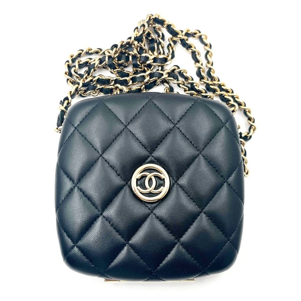 Chanel Brand New Black Quilted Hard Case Compact Vanity Crossbody Bag